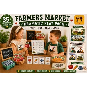 May include: A Farmers Market dramatic play pack featuring printable activities, play money, worker badges, and food cards. The set includes signs, a receipt, and labels for apples, carrots, blueberries, and eggs, designed for children ages 3-7.