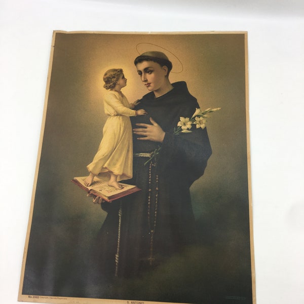 Large Antique Religious Painting Print Poster Santo Antonio / Saint Anthony