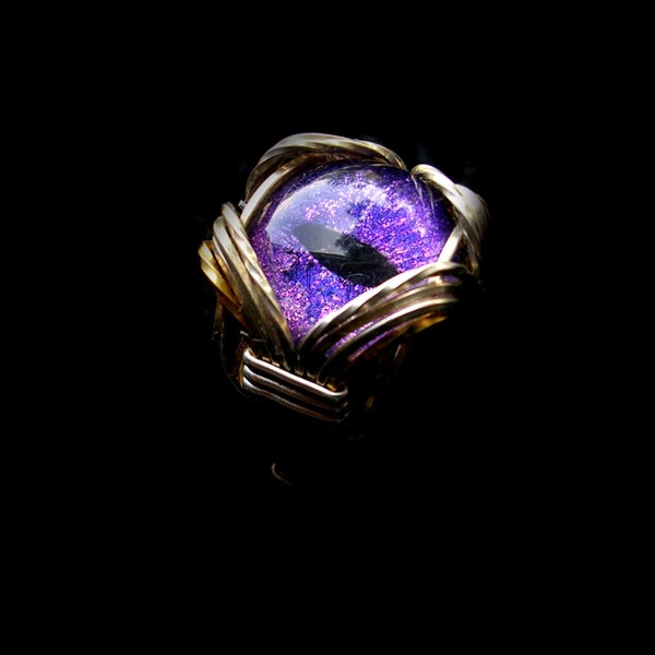 Gothic Steampunk Fantasy Dragon Eye Cat Eye Ring - Adjustable - Super color shift Purple Violet Blue - colored Wire - ooak