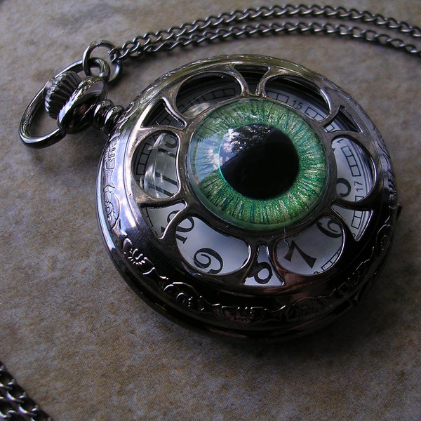 Pocket Watch - Black Gunmetal - Green Peridot Fire Orange Grass Dragon eye - Glow in the dark - Steampunk Timepiece Color Shifting - 45mm