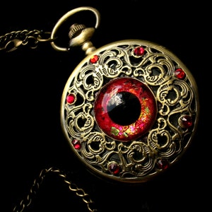 Hand Painted Glow - Pocket Watch - Red Fire Elegant - Steampunk Timepiece Gothic Dragon Evil Eye - Prismatic - Color Shifting Regal - 45mm