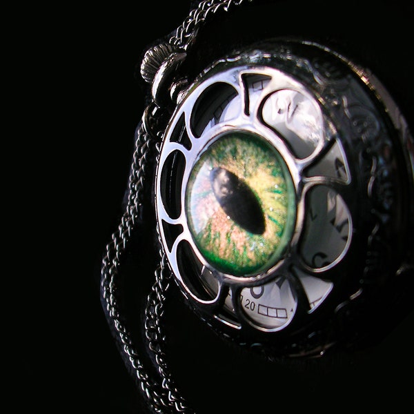 Pocket Watch - Black Gunmetal - Green Peridot Fire Orange Grass Dragon eye - Glow in the dark - Steampunk Timepiece Color Shifting - 45mm