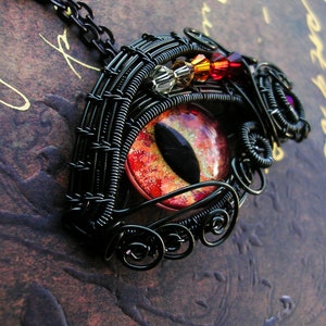 Large Wire wrapped Bronze Dragon Eye - Pendant - Gothic Steampunk Brooch Pin Pendant - Cat Eye Slit Pupil - Fire Gold Orange red