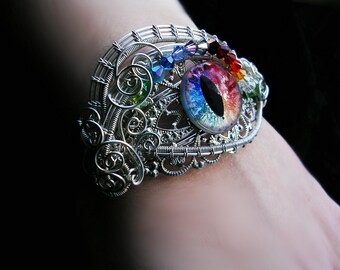 Gothic Lace Fantasy Steampunk Bracelet - Royal Dragon Eye - Cat Eye - Evil eye - Rainbow Blue Red Silver cuff
