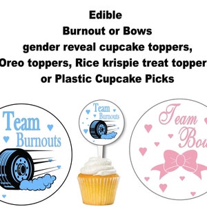 Edible Burnouts or Bows Cupcake topper, cookie topper, plastic cupcake picks