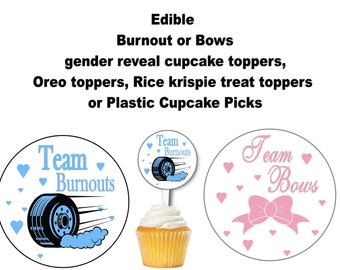 Edible Burnouts or Bows Cupcake topper, cookie topper, plastic cupcake picks