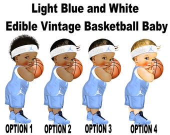 Pre CutLight Blue and White Edible Vintage Basketball Baby