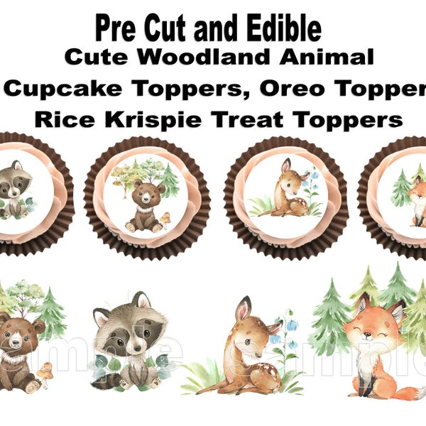 Woodland Animals Edible  Pre Cut Cupcake toppers, Oreo Cookie Topper, Rice Krispie Treat Topper, Cupcake Picks, or Gift Bag Stickers