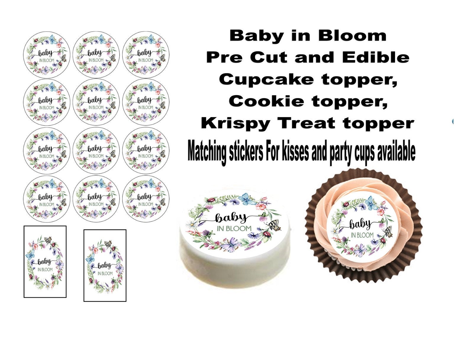 Baby in bloom, edible cupcake topper, cookie topper, krispy treat topper