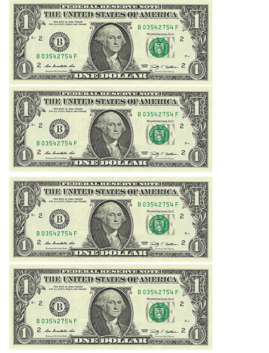 Edible ONE Dollar Bills Sheet of 4 Bills 