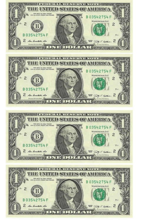 Edible ONE dollar bills Sheet of 4 bills