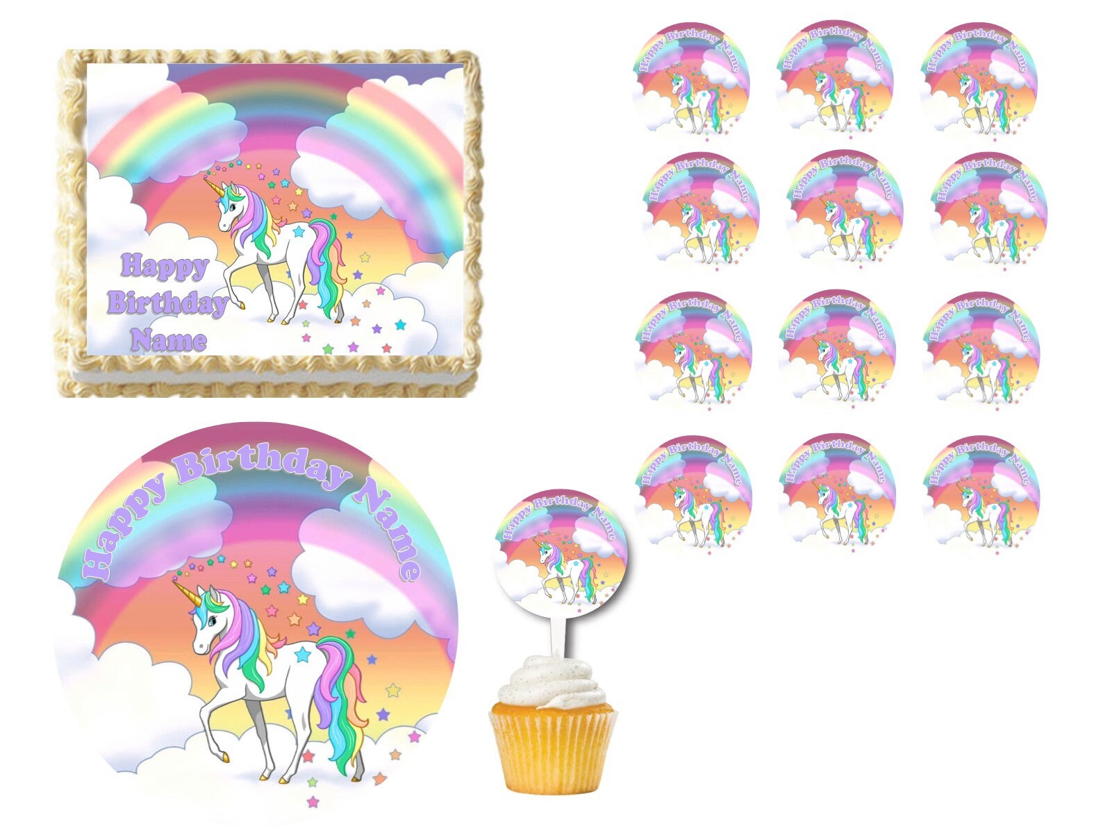 Afro Unicorn Pastel Stars, Diamonds and Glitter Edible Cake Topper Image  ABPID56427