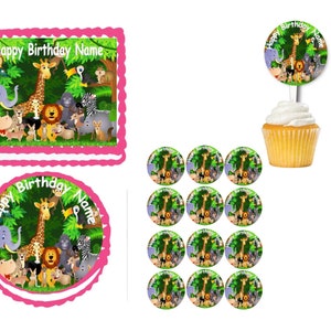 Jungle Animals Edible Cake, Cupcake, Cookie topper, cupcake picks, gift bag stickers