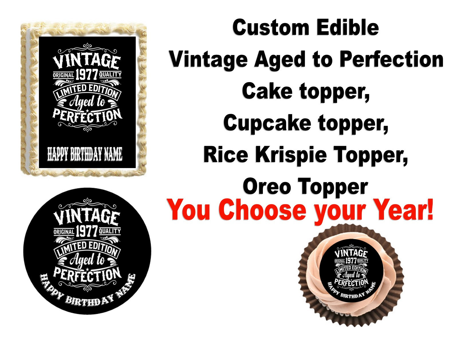 Vintage Aged to Perfection essbare Kuchendeckel, Cupcake/Cookie-Topper, Rice Krispy Treat Topper