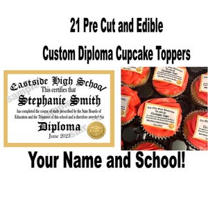 21 adornos comestibles precortados para cupcakes con forma de diploma