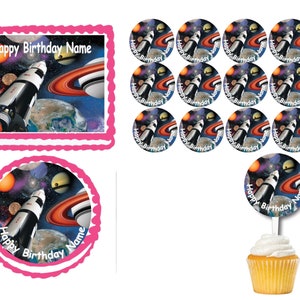May include: A set of 12 round cake toppers featuring a rocket ship flying through space with planets and stars. The toppers are printed on white paper with a pink border and the text "Happy Birthday Name".
