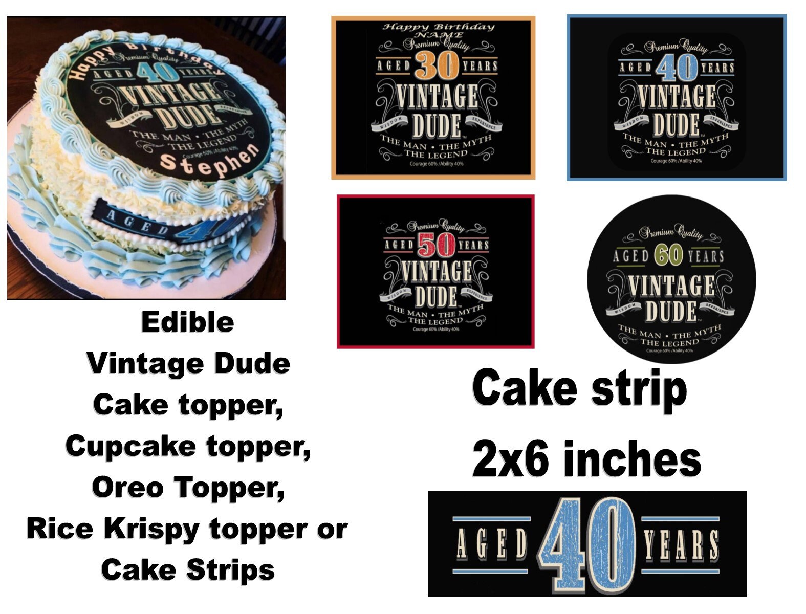 Vintage Dude Edible Cake, Cupcake/Cookie toppers, Cake Strips, Cupcak…