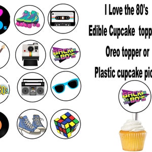 80&#39;s theme Edible Cupcake toppers, Cookie toppers, or Plastic Cupcake picks