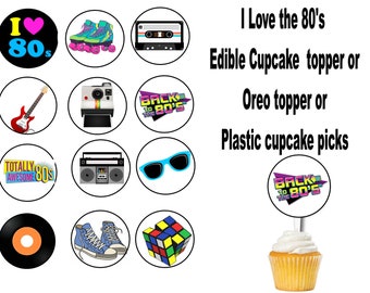 80's theme Edible Cupcake toppers, Cookie toppers, or Plastic Cupcake picks