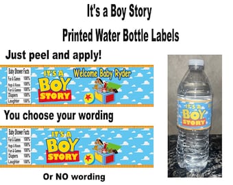 May include: Water bottle labels featuring the Toy Story characters Woody and Buzz Lightyear. The labels are blue and yellow with white clouds and the text "It's a Boy Story".