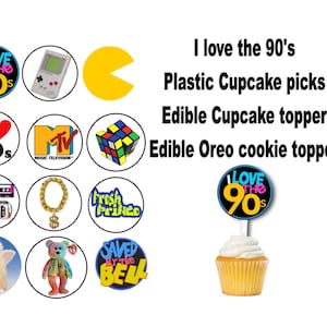 90&#39;s theme Edible Cupcake toppers, cookie toppers, or Plastic Cupcake picks
