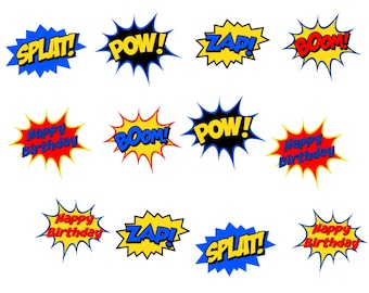 Edible Super Hero Noises Cupcake/Cookie toppers/Plastic Cupcake Picks/Stickers