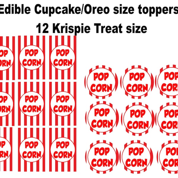 Pre-Cut and Edible Popcorn logo Cupcake toppers,  Rice Krispy toppers