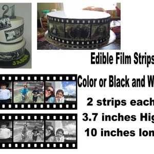May include: Two-tiered white cake decorated with edible film strips featuring photos. The cake is decorated with the number 21 and the name "JASON". The film strips are 3.7 inches high and 10 inches long. Edible film strips are available in color or black and white.