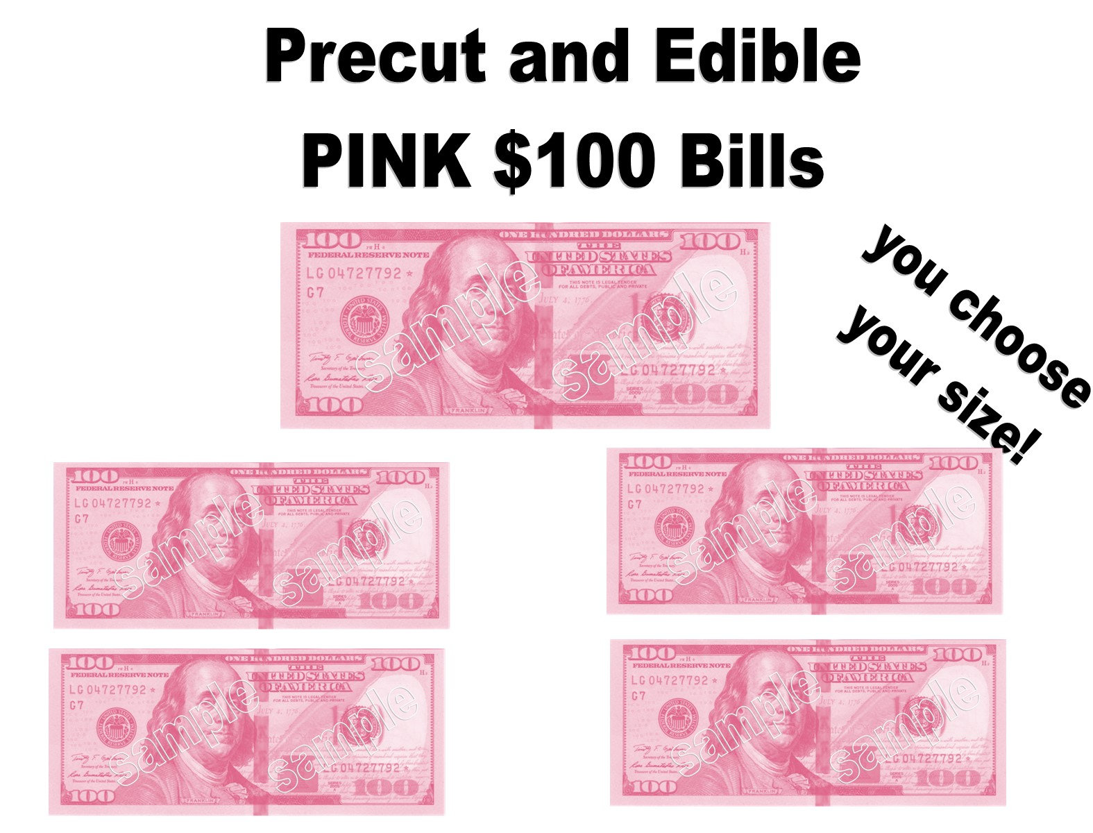 Edible Pink 100 dollar bill Cake toppers