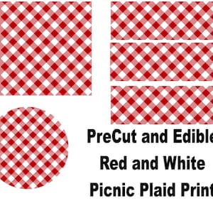 May include: PreCut and Edible Red and White Picnic Plaid Print. This image shows a red and white checkered pattern that can be used for edible decorations.