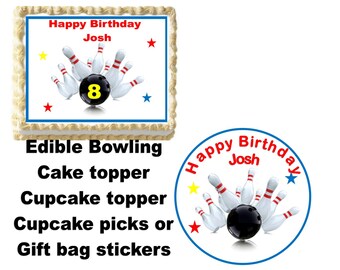 Bowling Edible Cake Topper, Cupcake Topper, Cupcake picks, or Gift bag Stickers