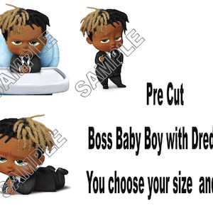May include: A digital illustration of a baby boy with dreadlocks wearing a black suit. The baby is shown in three different poses: sitting in a high chair, standing with his hands on his hips, and lying on his stomach. The text "Pre Cut" and "Boss Baby Boy with Dreadlocks" is also included in the image. The text "You choose your size and pose" is also included in the image.
