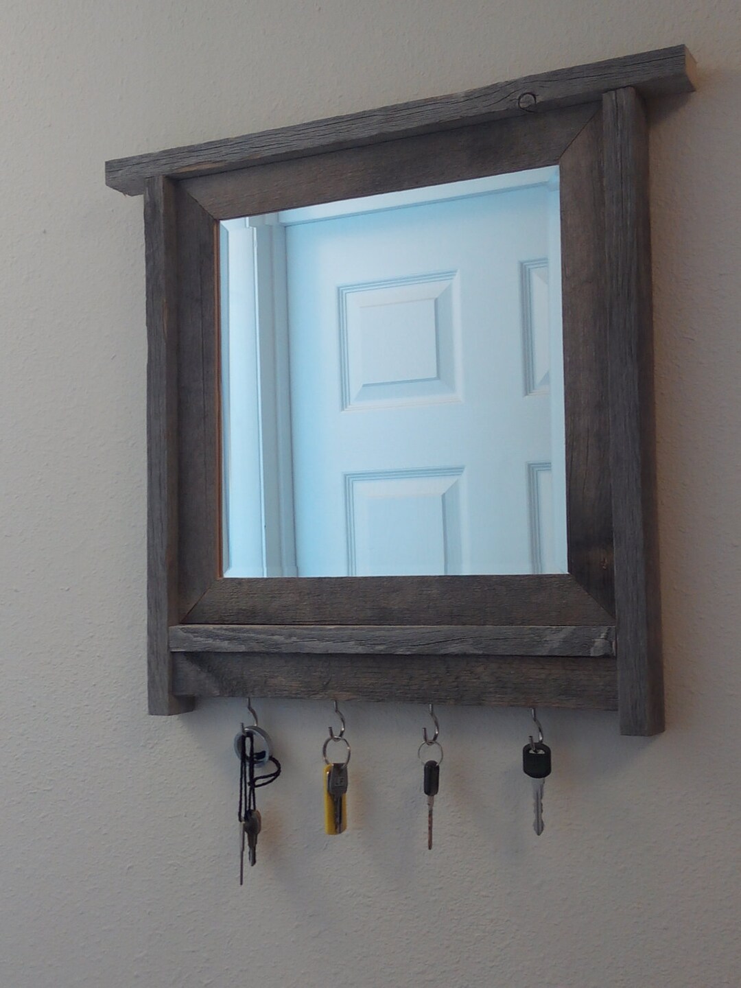 Barnwood Framed Mirror and Key Holder, Old Wood Frame, Reclaimed Wood