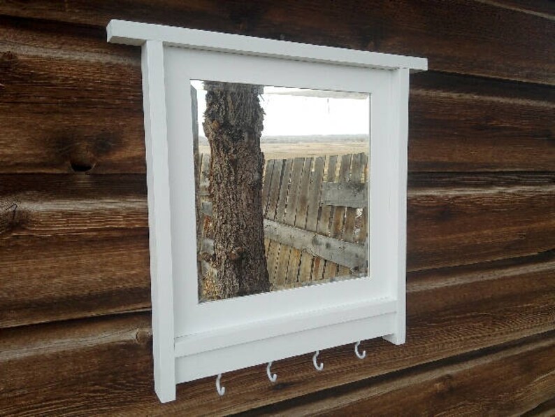 Key Holder Mirror Mirrored Beveled Wood Frame White Framed Leash Entry