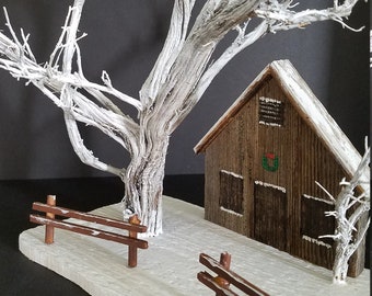 Winter scene, Old house , Snow covered trees, White trees, Winter ranch, Snow covered farm, House in trees,  sculpture, Wood sculpture