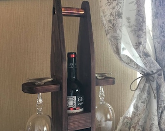 Rustic Wine Bottle Holder, Wine caddy, Wooden Wine Holder, Reclaimed Wood Bottle Holder, Wooden Wine Glass Holder