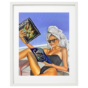 May include: A woman wearing a white towel on her head and black swimsuit is relaxing on a lounge chair. She is reading a magazine called "Cell" and smoking a cigarette. The magazine cover features a colorful illustration of a cell.