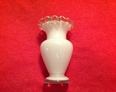 Marked Czechoslovakia Blown Art Glass Ruffled Crystal Edge Cased Czech Flower Vase White Milk Glass Crystal Silvercrest Fenton Style