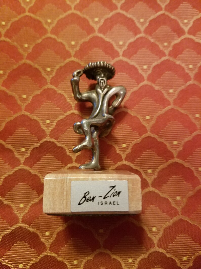 925 Sterling Silver Ben Zion Israel Judaica Figurine Dancing Man Figure Square Stone Mount Paperweight Cast Metal Decorator Designer Artist