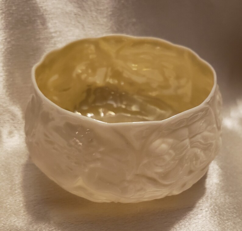 Vintage Belleek Irish China Open Sugar Lotus Pattern with Yellow Interior 4th Mark1st Green Mark Ireland Porcelain Floral