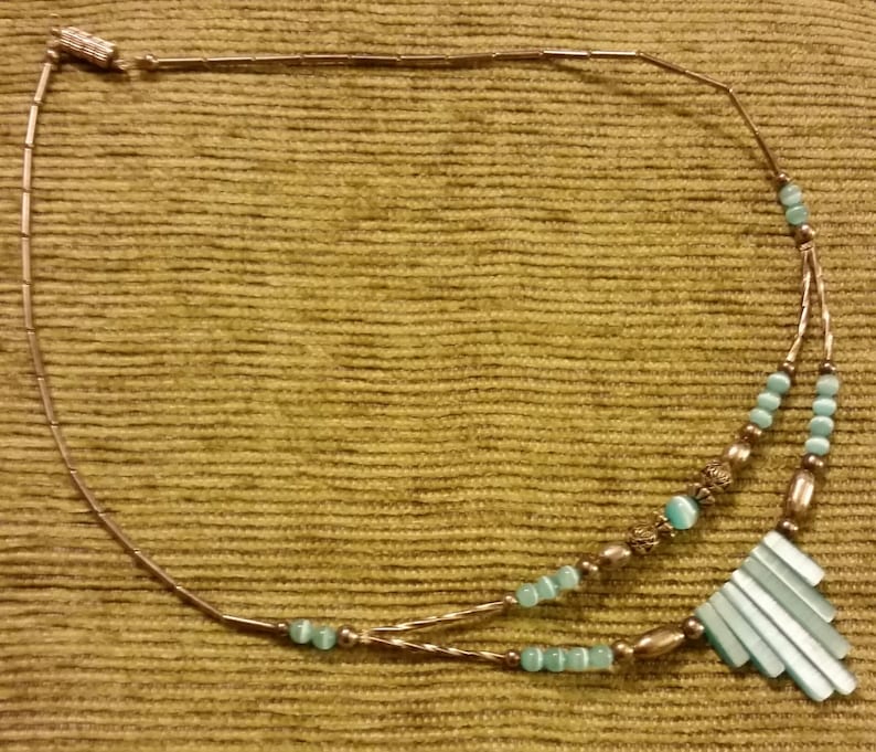 Vintage Light Blue Mother of Pearl and Silver Tone Bead Fetish or Fringe Style Necklace