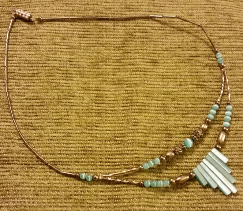 Vintage Light Blue Mother of Pearl and Silver Tone Bead Fetish or Fringe Style Necklace