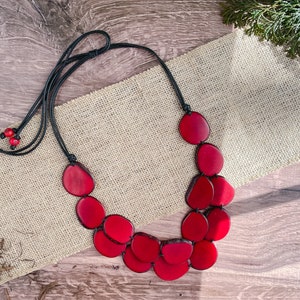 Red Tagua Nut Bib Necklace, Fair Trade Adjustable Boho Jewelry