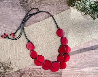 Red Tagua Bib Statement Adjustable Necklace, Birthday Mother’s Day Gift, Fair Trade Handmade Jewelry, Boho Fashion Trend