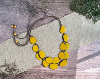 Yellow Tagua Nut Bib Necklace: Handmade Boho Statement Jewelry