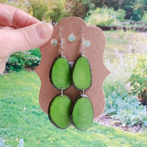 Green Long Tagua Chunky Earrings, Birthday Gifts Under 20, Fair Trade Handmade Jewelry, Boho Fashion Trend, Beaded Earrings