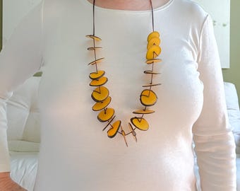 Yellow Tagua Beaded Adjustable Necklace: Handmade Boho Jewelry
