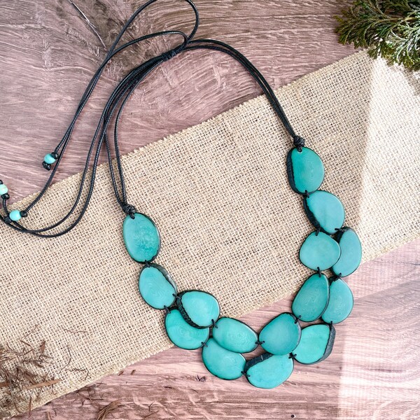 Tagua Turquoise Bib Statement Necklace, Fair Trade Handmade Jewelry, Anniversary Mother’s Day Gift for Her, Spring Summer Fashion Trend