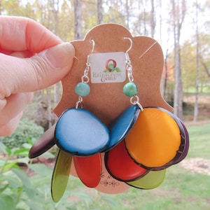 Colorful Tagua Earrings, Birthday Mother’s Day Gifts, Fair Trade Handmade Jewelry, Long Chunky Earrings, Boho Fashion Trend