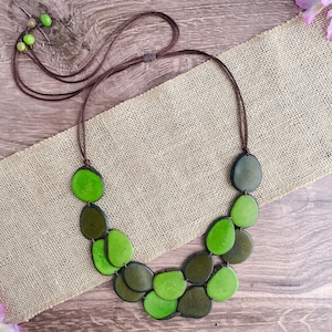 Green Tagua Nut Bib Necklace: Handmade Boho Statement Jewelry